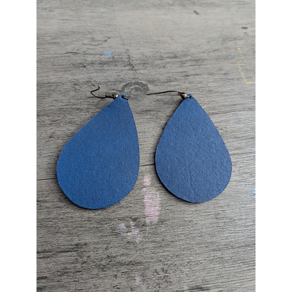 Handmade Navy Blue Leather Teardrop Dangle Earrings Boho Lightweight Jewelry